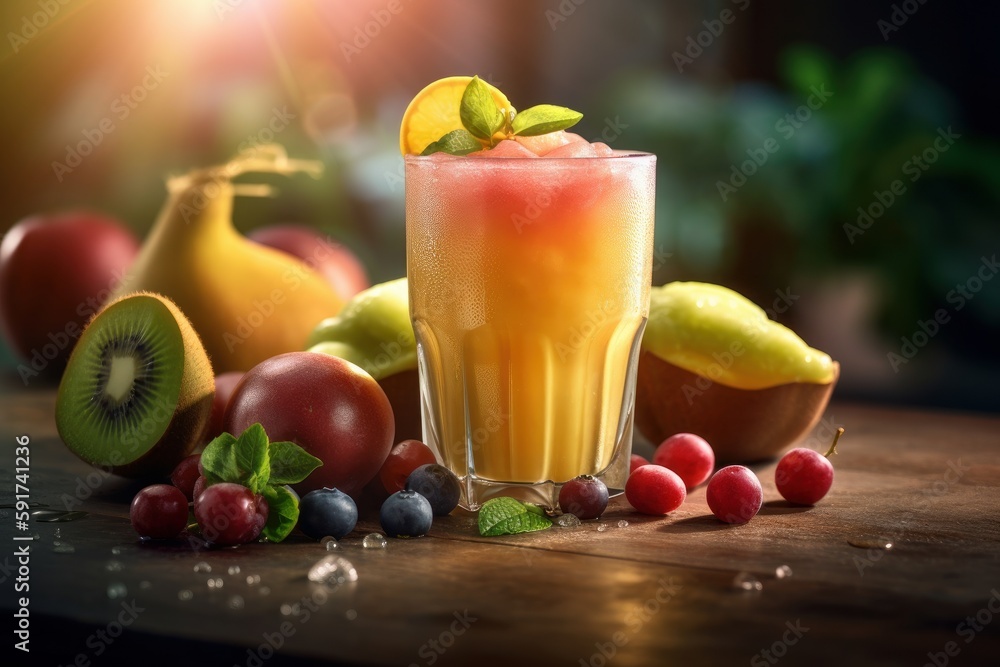 Fresh fruits juice on amazing light background, Healthy beverage rich in vitamins. Created Generative Ai Fresh fruits juice on amazing light background, Healthy beverage rich in vitamins. Created Generative Ai