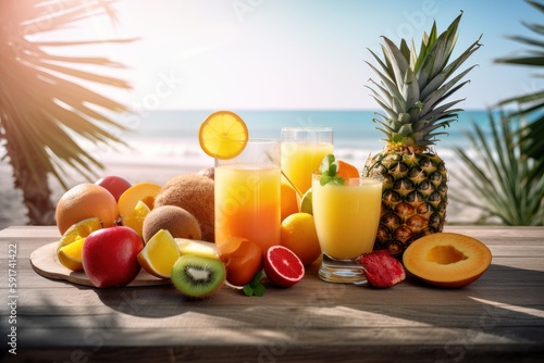 Fresh fruits juice on sea and beach background, Healthy summer beverage rich in vitamins. Created Generative Ai