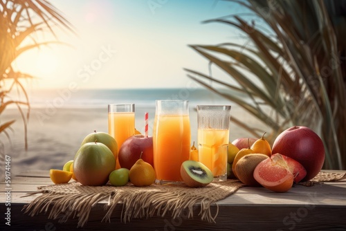 Fresh fruits juice on sea and beach background, Healthy summer beverage rich in vitamins. Created Generative Ai