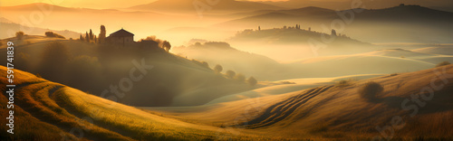 a church sitting on top of a lush green hillside, a picture, light orange mist, many golden layers, tuscany hills, generative ai