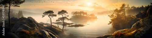 a large body of water surrounded by rocks and trees, romanticism, beautiful pine tree landscape, foggy volumetric light morning, golden sunset, norwegian landscape, generative ai