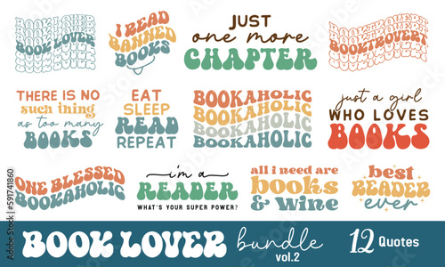 Cute Book Lover Quotes Collection Retro Wavy Groovy Typographic Art Bundle on white Background