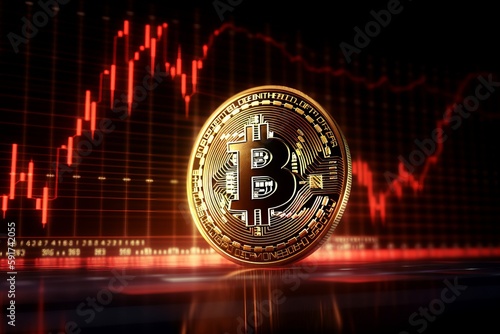 Bitcoin with red graph on computer screen background, Crypto currency trading. Generative Ai