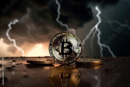 Bitcoin with thunder storm background, Crypto currency investment concept. Generative Ai photo