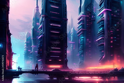 Futuristic city in neon lig...