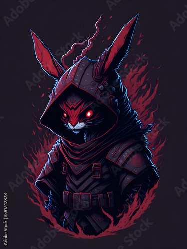 Evil ninja rabbit with t-shirt design, generative ai