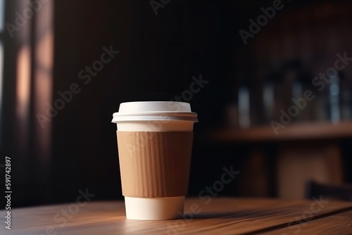 closeup Cup of coffee on wooden table  - Generative AI