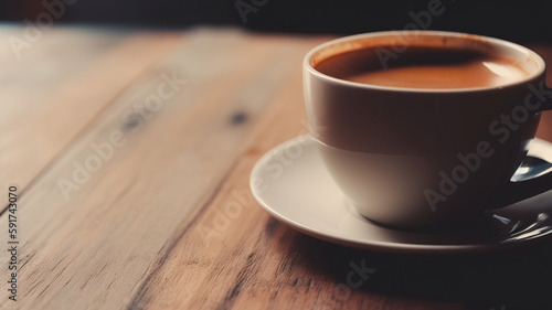 side view of a white mug of coffee with milk on a wooden table - Generative AI