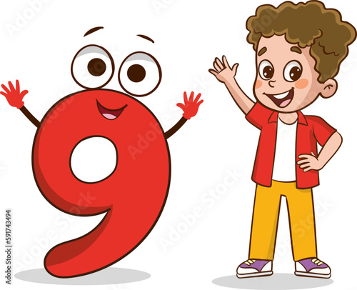 happy cute little kid studies number 9 character