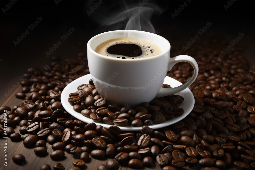 white cup of hot coffee with coffee beans around - Generative AI white cup of hot coffee with coffee beans around - Generative AI