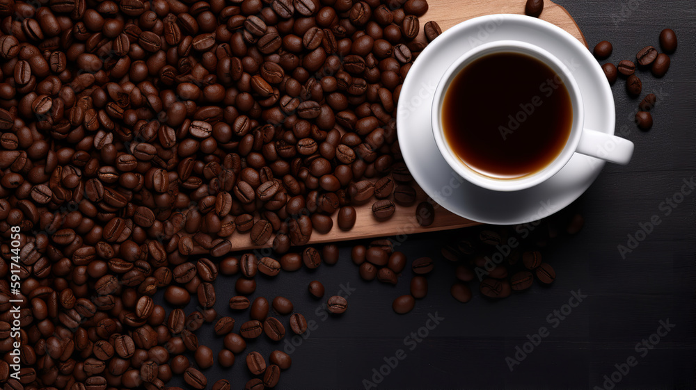 top view of coffee cup with coffee beans on wooden board - Generative AI top view of coffee cup with coffee beans on wooden board - Generative AI
