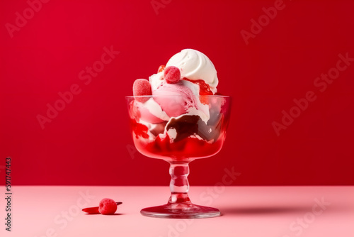 delicious ice cream in a elegance glass. Summer cold ice cream dessert concept on red background - Generative AI