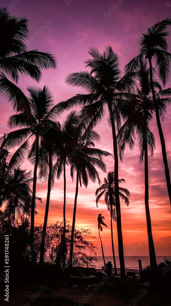 Palm trees silhouette. Clump of palms at sunset in the tropics.