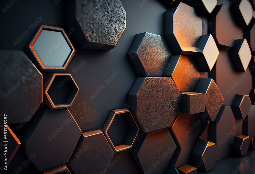 Polished, Hexagonal Wall background with tiles. 3D, tile Wallpaper with