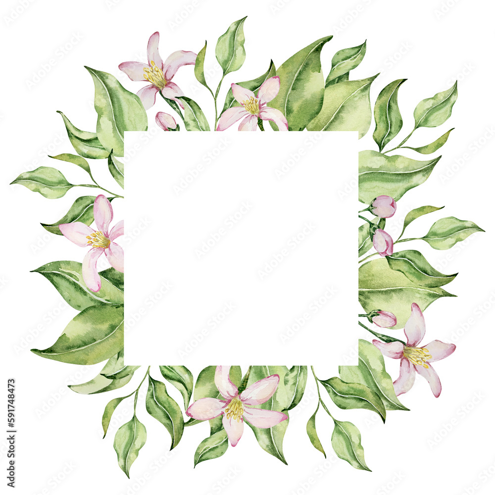 Square frame of watercolor lemons flowers and leaves Square frame of watercolor lemons flowers and leaves