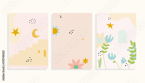  cards set with flowers, stars, crescent moon, stairs, arch , mid-century modern vector template