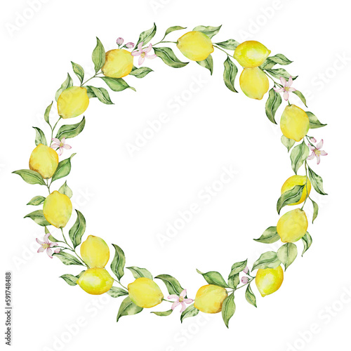 Wreath of watercolor lemons, flowers and leaves