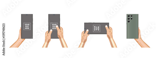 Human hand holding smartphone and smart mobile phone flat vector illustration. Realistic smartphone mockup. Phone with different colours. Vector.