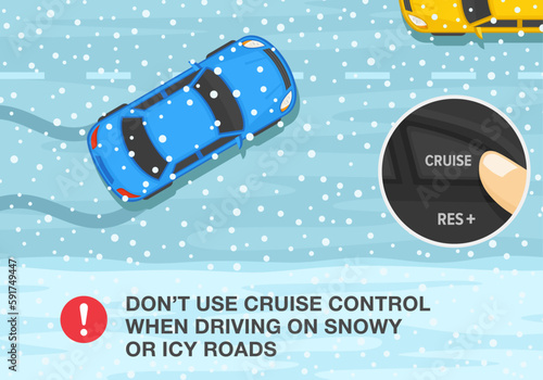 Winter season safe car driving tips and rules. Don't use cruise control when driving on snowy or icy roads. Top view. Flat vector illustration template.