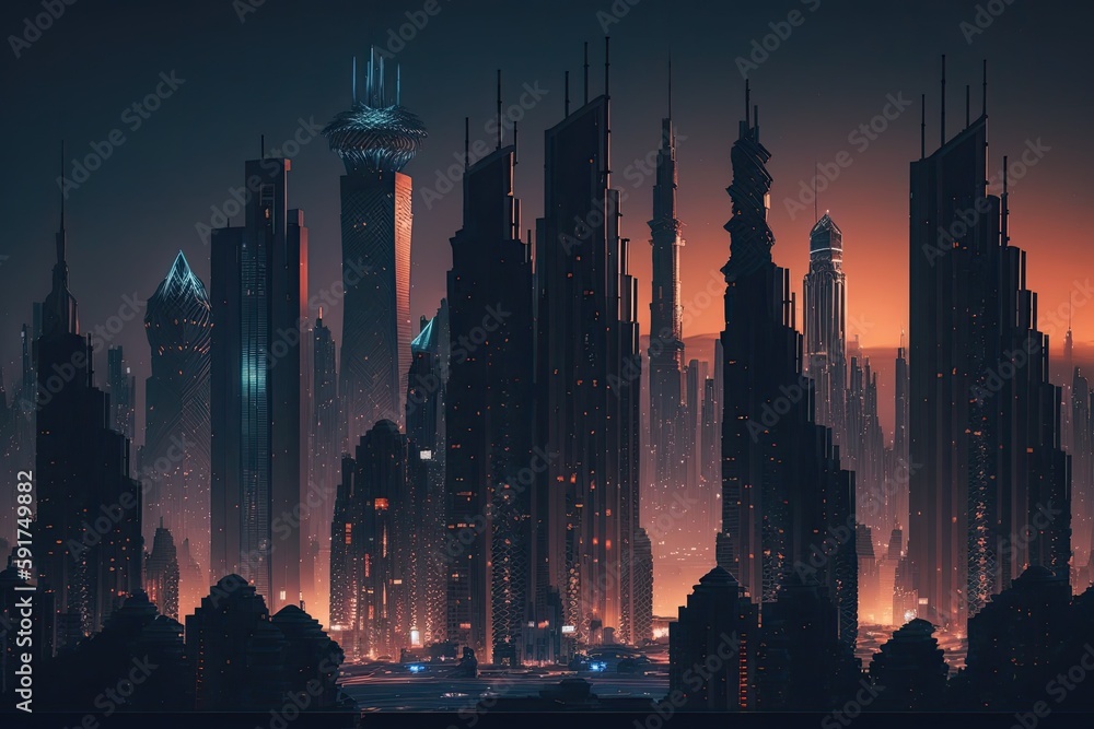 futuristic cityscape at night with a towering skyscraper in the distance. Generative AI