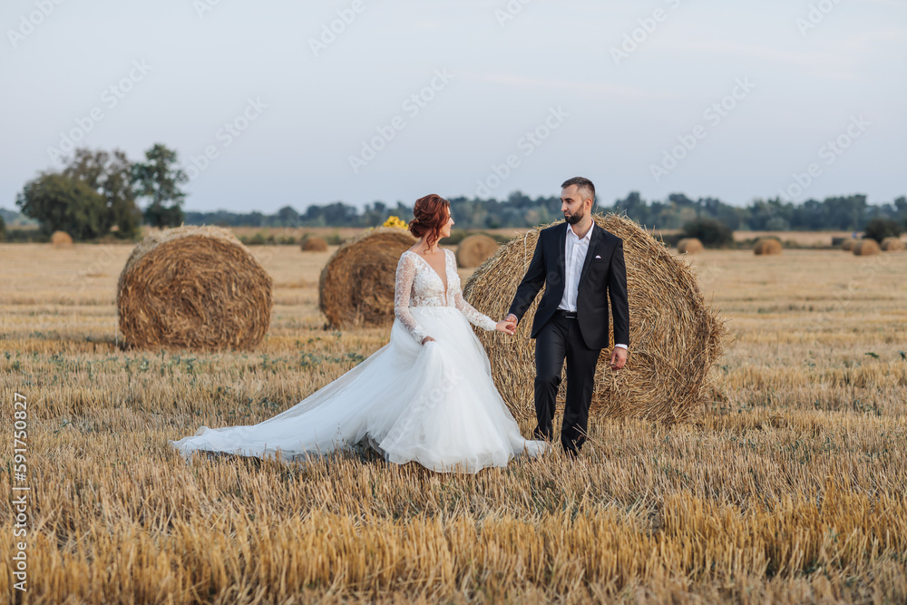 Wedding portrait of the bride and groom walking on the background of hay. The groom holds the hand of the bride and looks at her, her gaze down. Red-haired bride in a long dress. Stylish groom. Summer Wedding portrait of the bride and groom walking on the background of hay. The groom holds the hand of the bride and looks at her, her gaze down. Red-haired bride in a long dress. Stylish groom. Summer