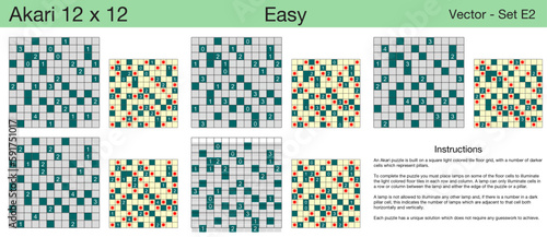 5 Easy Akari 12 x 12 Puzzles. A set of scalable puzzles for kids and adults, which are ready for web use or to be compiled into a standard or large print activity book.
