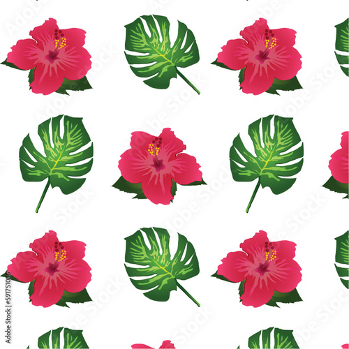 Tropical flower, Hibiscus flower, tropical floral background art illustration and palm leaf art on background.Seamless vector pattern.