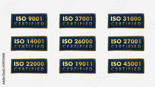 Set of ISO Certification stamp and labels quality management system, ISO 9001, ISO 22000, ISO 14001