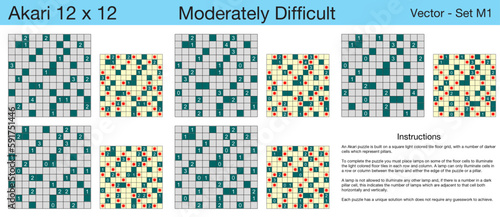 5 Moderately Difficult Akari 12 x 12 Puzzles. A set of scalable puzzles for kids and adults, which are ready for web use or to be compiled into a standard or large print activity book.