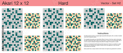 5 Hard Akari 12 x 12 Puzzles. A set of scalable puzzles for kids and adults, which are ready for web use or to be compiled into a standard or large print activity book.