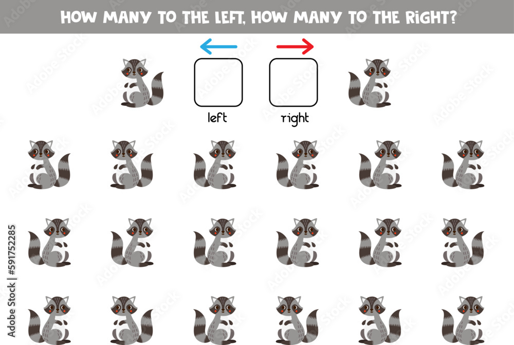 Left or right with cute cartoon raccoon. Logical worksheet for preschoolers. Left or right with cute cartoon raccoon. Logical worksheet for preschoolers.