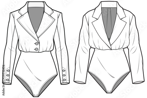Blazer Bodysuit, Blazer Leotard Set Fashion Illustration, Vector, CAD, Technical Drawing, Flat Drawing, Template, Mockup	