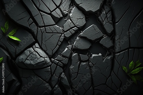 Stone background. Grunge. Dark gray rough surface. Close-up. Broken, damaged, collapsed. Generative AI