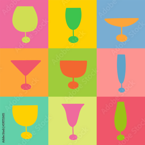 Checkered colourful Cocktail glasses silhouette seamless pattern.