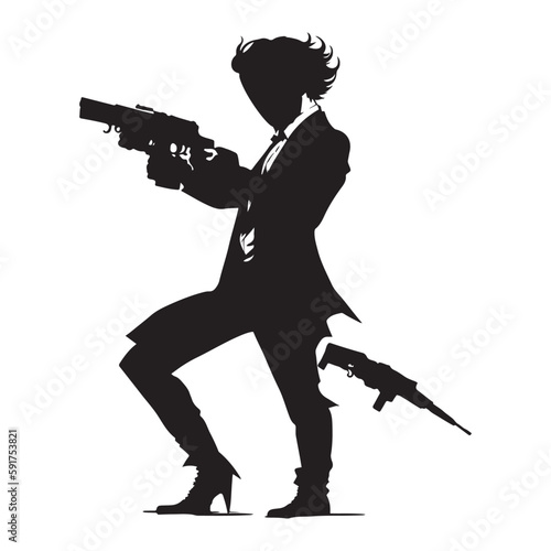 Mafia silhouette vector, Detective silhouette vector isolated, Gangster Pose. Joker with gun silhouette vector. joker silhouette.