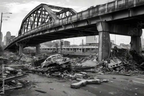 Black And White Photo Of Bombedout Bridge With Twisted Metal And Broken Concrete. Generative AI photo