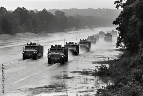 Black And White Photo Of Military Truck Convoy Crossing River. Generative AI photo