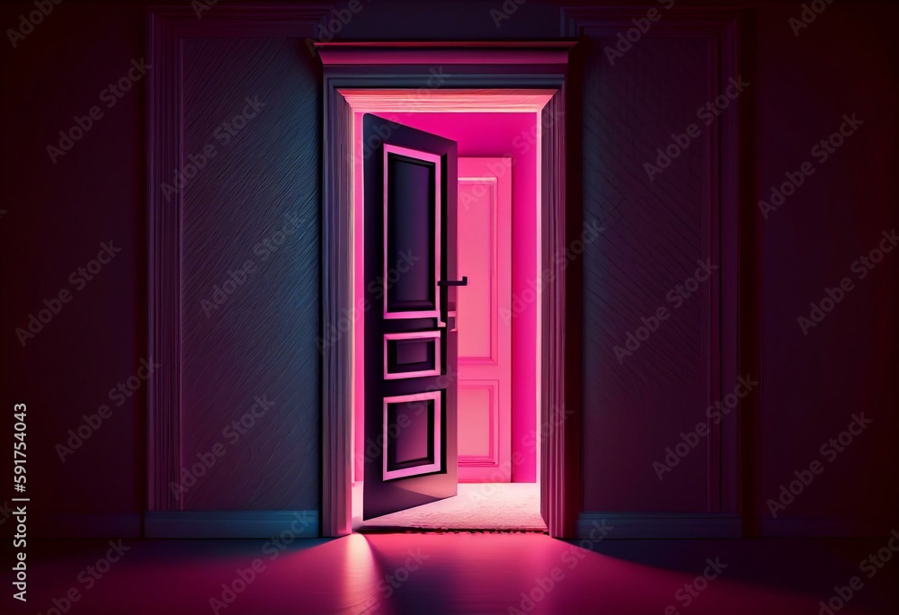 3d illustration of open door from which pink light shines in a dark room with pink light. Riddle, adventure and mystic concept. Generative AI 3d illustration of open door from which pink light shines in a dark room with pink light. Riddle, adventure and mystic concept. Generative AI