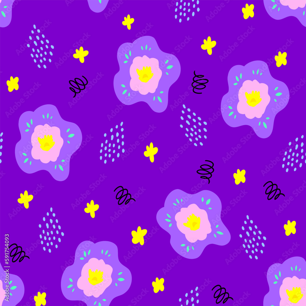 flower and abstract elements seamless pattern on violet background. Botanical illustration for cover design,home decor,nightclothes, spring texture for textile and fabric design flower and abstract elements seamless pattern on violet background. Botanical illustration for cover design,home decor,nightclothes, spring texture for textile and fabric design