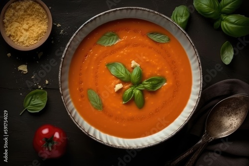Creamy Tomato Soup Vegetarian, Top View. Generative AI