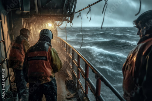 Crew Members Battling To Secure Cargo In Storm. Generative AI photo