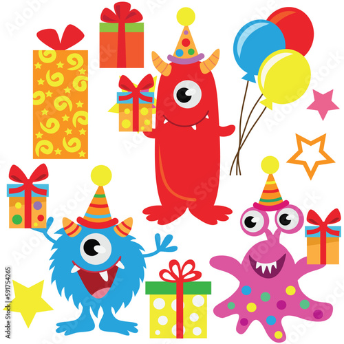 Cute birthday party monsters vector cartoon illustration