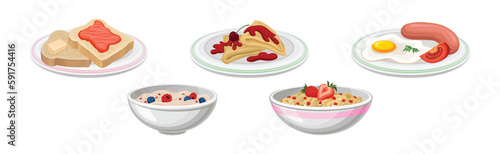 Breakfast with Sandwich, Crepe, Porridge in Bowl and Scrambled Egg Vector Set