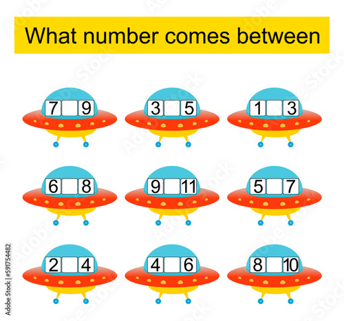 What number comes between? Math worksheets for kids. Vector illustration