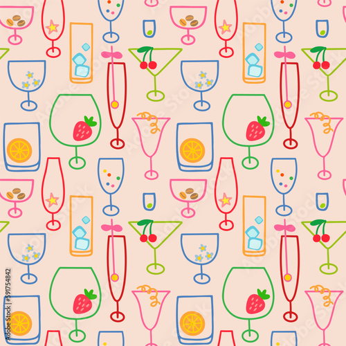 Cocktail glasses contour seamless pattern in various colours, sizes, and styles.