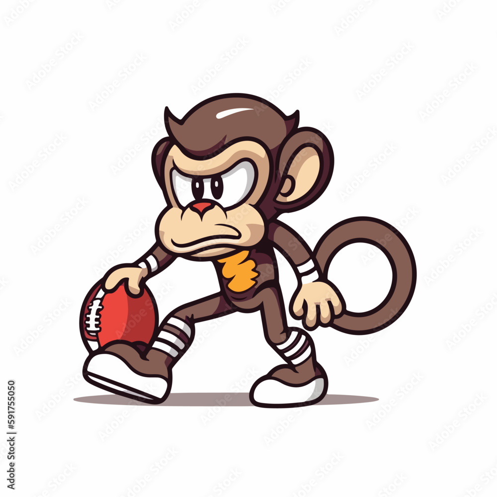 Mascot cartoon of cute smile monkey playing American football. 2d character vector illustration in isolated background