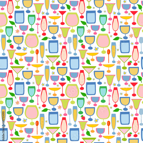 Colourful Motley Cocktail glasses in various colors and sizes. Seamless pattern.