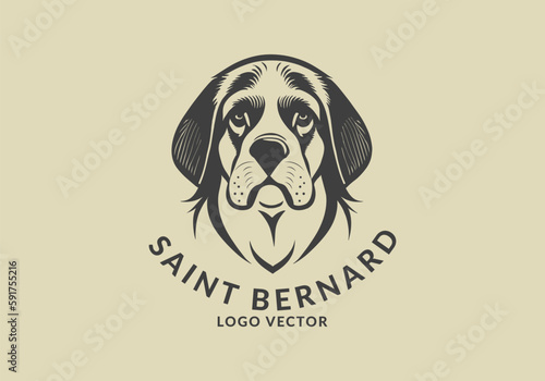 Vector logo or emblem. The head of a sad St. Bernard dog. Puppy portrait. Sticker or icon on isolated background.