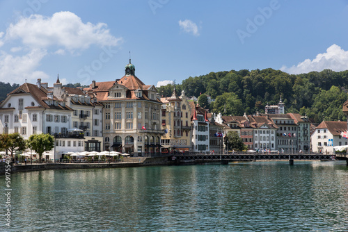Restaurants  bars and hotels on the waterfront at Lake Lucerne in Switzerland
