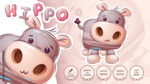 Sticker cartoon character adorable hippopotamus, pretty animal idea for print t-shirt, poster and kids envelope, postcard. Cute hand drawn style hippo